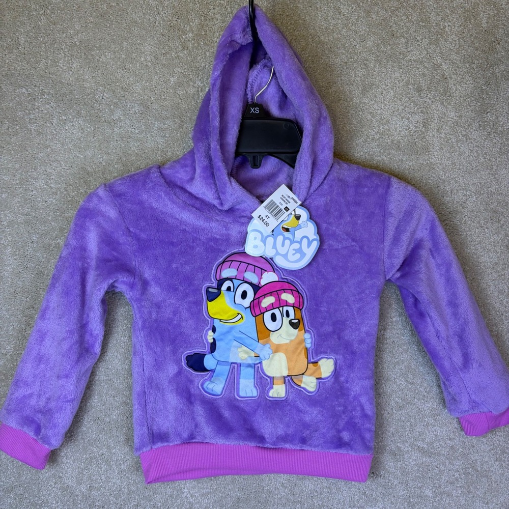 Bluey Hoodie Toddler 4T Girls Purple Fuzzy Fleece Bingo Heeler Disney Top NEW